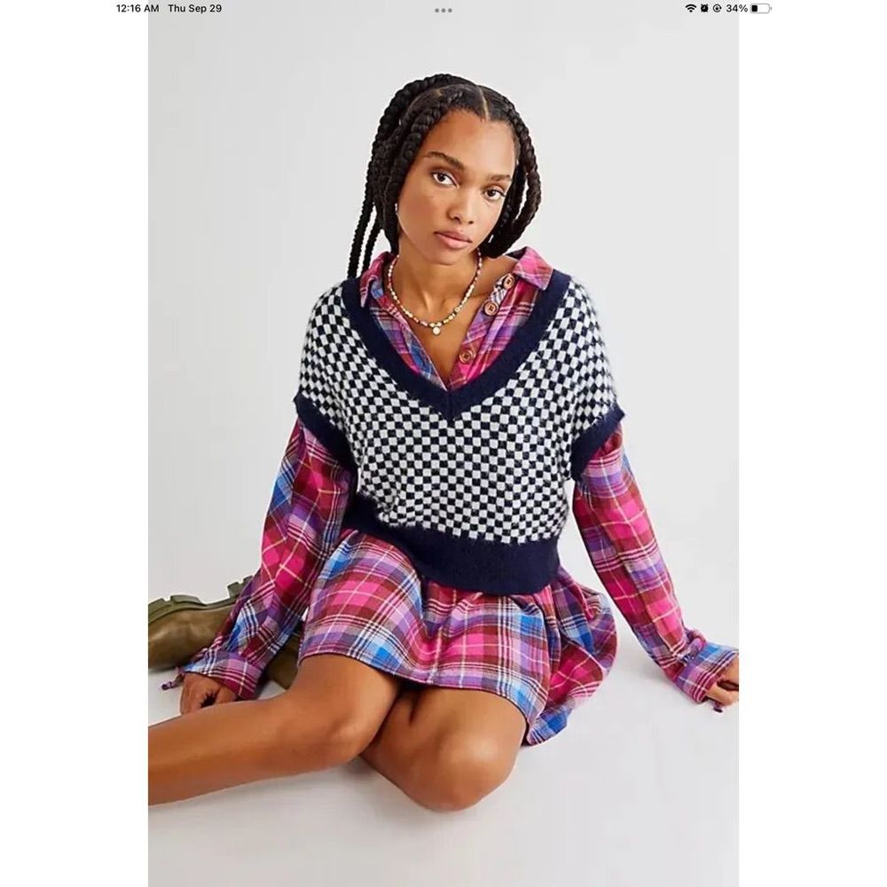 Free People Zoey Plaid Mini Dress Size Medium Color Pink